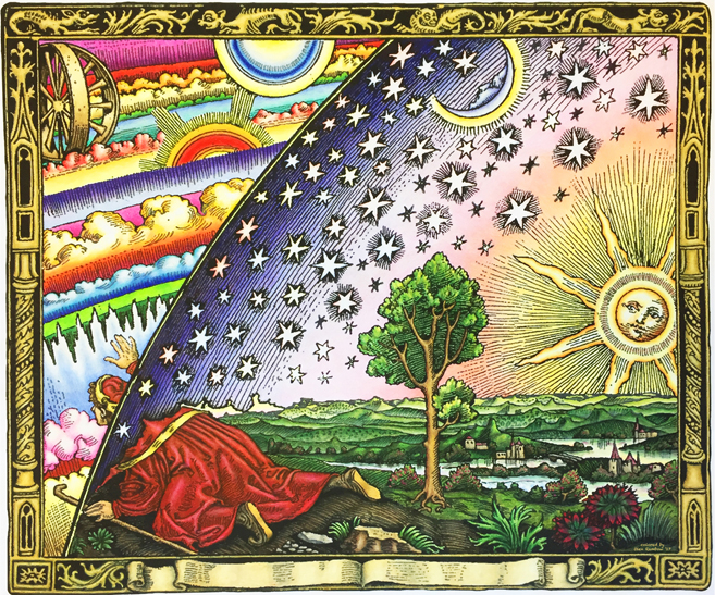 Flammarion. A medieval monk penetrates the point where the bowl of the sky meets the horizon, and discovers an unknown world of astronomical wonders. Flammarion is often used to illustrate curiosity, exploration, and discovery. The original black and white engraving was published in 1888 by Camille Flammarion in his L'Atmosphere - Meteorologie Populaire. This version, created by a "Houston Physicist" using colored pencil, is licencesed under Wikimedia's Creative Commons license (https://creativecommons.org/licenses/by-sa/4.0/deed.en). 